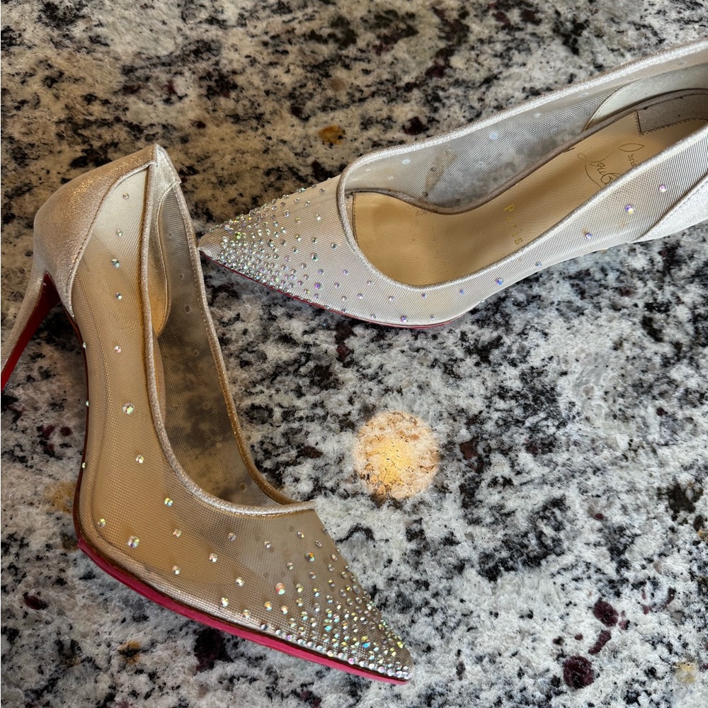 Christian Louboutin Crystal-Studded Heels in Cream and Red